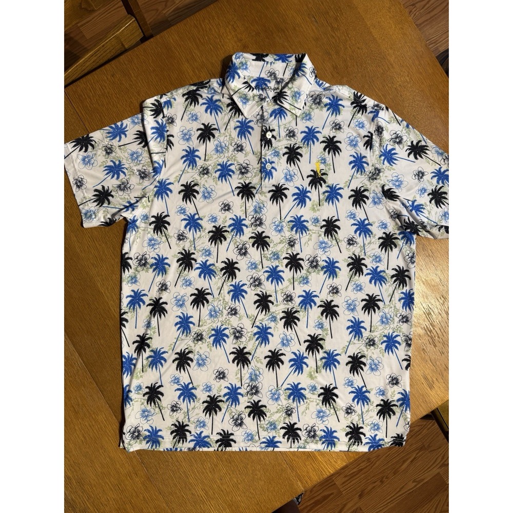 Grunk Dolfer Polo XL‎ Palm Tree Aloha Golf Print Stretch Tropical Shirt Blue
